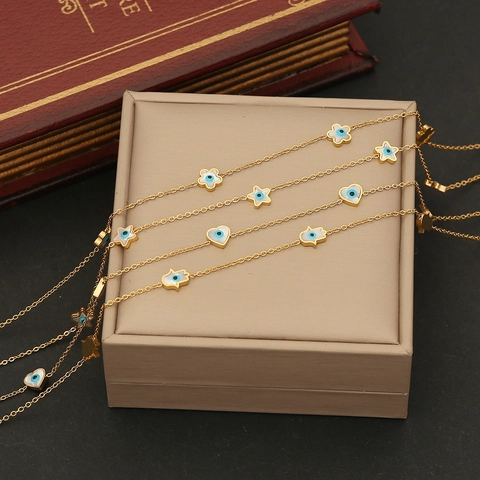 Edelstahl Halskette Mit Bösem Blick Goldbeschichtet Hamsa Hand Stern Herz Blumen Anhänger Schmuck Für Damen