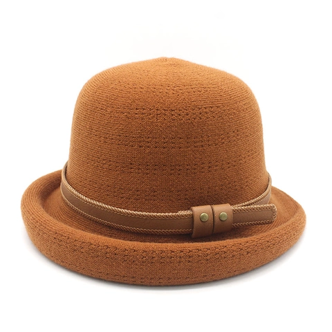 Vintage Bowler Hat For Women Knit Polyester Blend Rolled Brim Cloche Hat With Leather Band And Metal Rivets