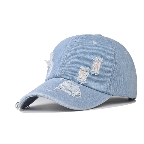 Cappello Da Baseball Denim Lavato Distressed Con Anelli In Metallo Buco Strappato Streetwear Hip Hop Regolabile Unisex