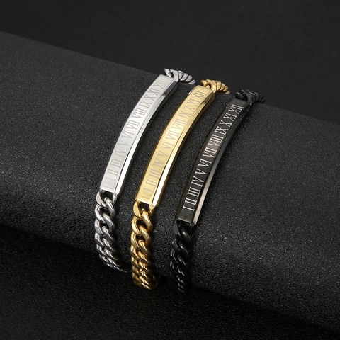 Men Stainless Steel Bracelet With Roman Numerals Curved ID Plate Cuban Link Polished Jewelry