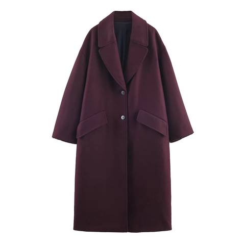 Women Long Oversized Coat Lapel Double Button Flap Pockets Wool Like Polyester Fashion Solid Casual Outerwear