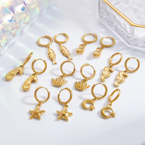 Boucles d'oreilles Créoles Style Océan en Acier Inoxydable Plaqué Or 18K Thème Marin Hippocampe Étoile de Mer Bijoux
