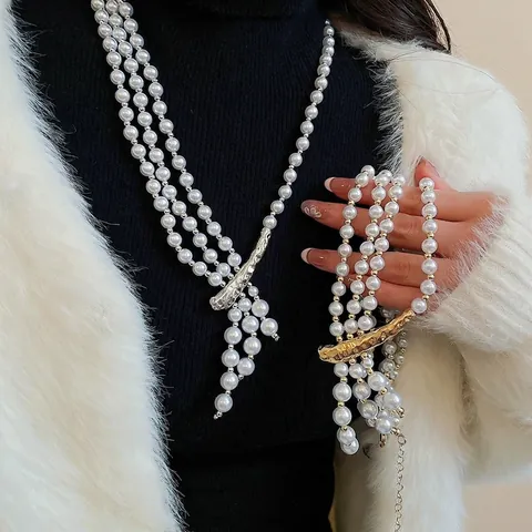 Long Multi-Layer Artificial Pearl Necklace Retro Light Luxury Glass Artificial Pearl Alloy Irregular Metal Bar Pendant Tassel Elegant Adjustable