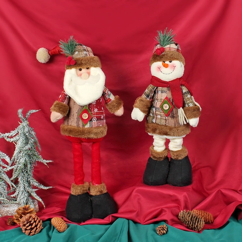 Telescopic Christmas Standing Doll Santa Claus Snowman Reindeer Plaid Fabric Plush Figurine Xmas Home Office Desktop Decoration