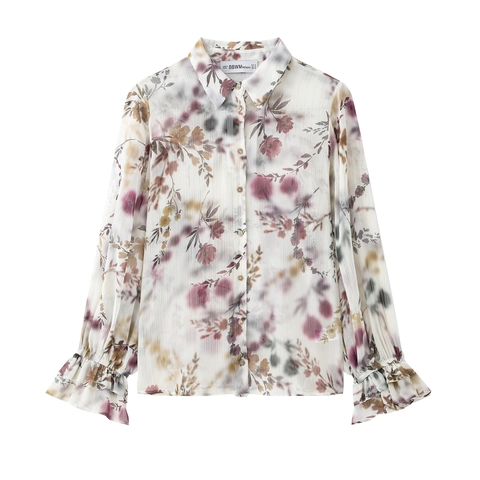 Dames Chiffon Blouse Met Bloemenprint Lange Mouwen Goud Metallic Gestreept Overhemd Ruche Manchetten Elegant Tops