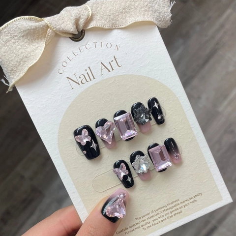 Handgefertigte Y2K Schwarz Rosa Verlauf Press On Nägel Mit Schmetterling Herz Strass 3D Luxus Kunstnägel Set Für Damen Party