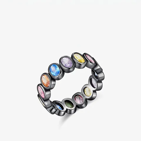 925 Sterling Silver Ring For Women With Colorful Zirconia Eternity Band Black Plated Punk Hip Hop Style Finger Jewelry