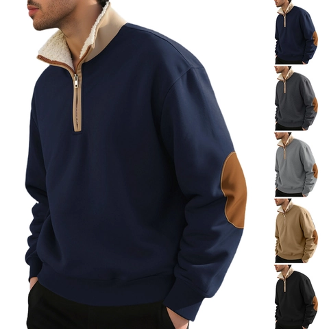 Sudadera Para Hombre 100% Poliéster Cuarto De Cremallera Cuello Alto Parches En Los Codos Pullover Informal Retro