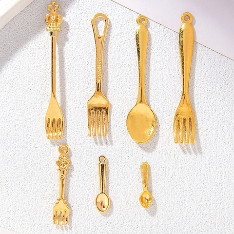 Colgantes Cubiertos Miniatura Aleación Zinc Forma Tenedor Cuchara Chapado Oro Accesorios Fabricación Joyas DIY Pulsera