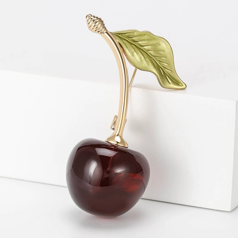 Lindo Broche De Cereza Aleación Resina Pin De Fruta Brillante Hoja De Esmalte Accesorios Estilo Coreano Mujeres Regalo Dulce