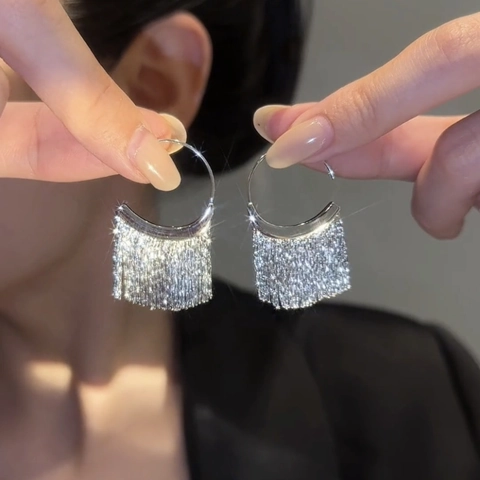 Orecchini a Pendente con Nappa in Rame per Donna Oro Argento Strass a Forma di C Orecchini Lunghi con Frange Gioielli