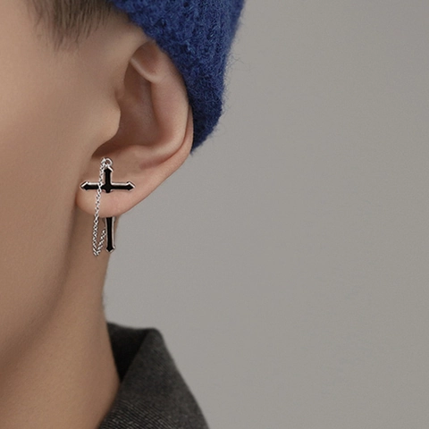 Cross Chain Stud Earrings With 925 Sterling Silver Earring Post Punk Gothic Hip Hop Jewelry For Men Women