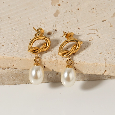 Orecchini Pendenti Con Nodo Di Künstliche Perle Barocche Per Donna In Acciaio Inossidabile Placcato Oro 18K Gioielli