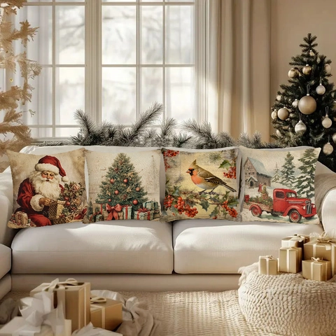 Vintage Christmas Decorative Pillow Case Linen Blend Square Cushion Cover For Sofa Living Room Home Decor Retro Santa