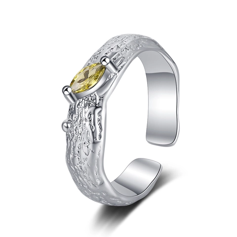 Minimalist Lava Texture Open Ring For Women Silver Plated Adjustable Finger Ring With Yellow Marquise Rhinestone Jewelry Gift