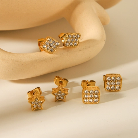 Geometrische Ohrstecker 18K Vergoldet Edelstahl Zirkon Strass Stern Raute Quadrat Mode Schmuck Für Frauen