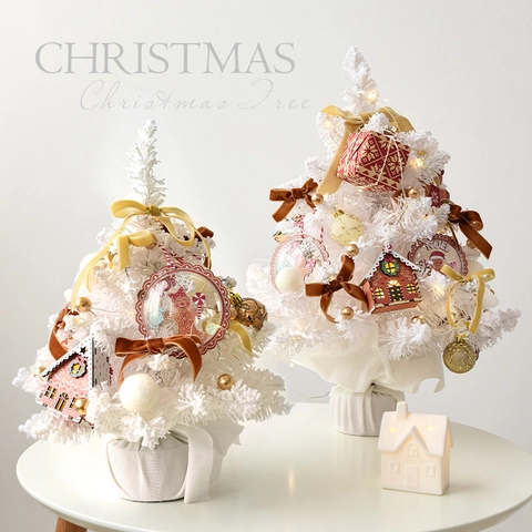 Mini Albero Di Natale Bianco Innevato Artificiale Decorazione Da Tavolo Con Luci LED Ornamenti Caramelle Per Casa Ufficio