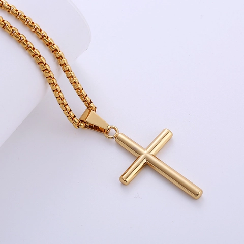 Minimalist Cross Pendant Necklace 18K Gold Plated 316L Stainless Steel Religious Polished Smooth Jewelry