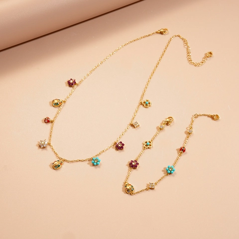 Flower Ladybug Pendant Necklace Copper Zircon Rhinestone Colorful Enamel Jewelry For Women Fashion