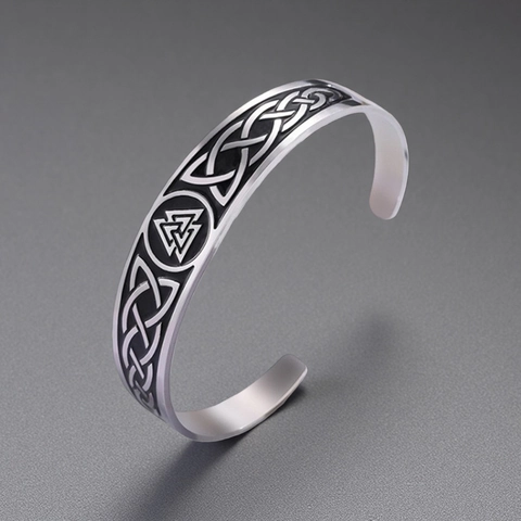 Vintage Stainless Steel Celtic Knot Valknut Cuff Bangle Nordic Myth Engraved Open Bracelet Retro Silver Hand Jewelry For Unisex