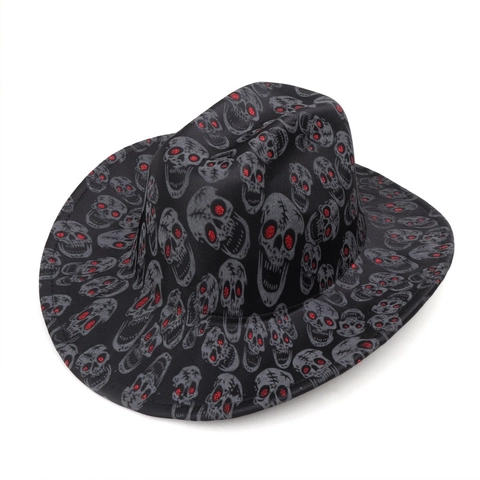 Cappello da Cowboy Western Gotico Stampa Teschi Occhi Rossi Glitterati Jazz Fedora per Festa Halloween Spettacolo Uomo Donna Nero