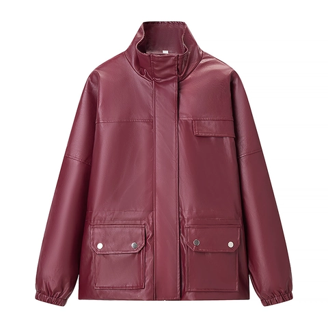 Women PU Leather Jacket Burgundy Stand Collar Zipper Long Sleeve Utility Pocket Streetwear Casual Outerwear Coat
