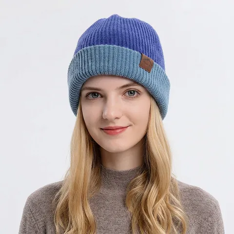 Double Sided Slouchy Beanie Acrylic Knitted Winter Warm Solid Color Cap Leather Patch Fashion Outdoor Headwear For Unisex