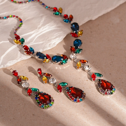 Colorful Zircon Rhinestone Necklace And Earrings Jewelry Set Copper Base With 925 Sterling Silver Earring Post Vintage