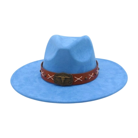 Sombrero Fedora de Vaquero del Oeste de Gamuza Vintage de Ala Ancha Étnico Con Hebilla de Cabeza de Toro Banda de Cuero Para Hombre Mujer Viajes Fotografía