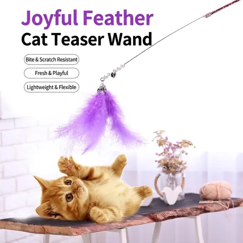 Interactive Cat Teaser Wand Toy With Feather Plush Ball Bell Ribbon Long Glitter Stick Fairy Style For Indoor Cats
