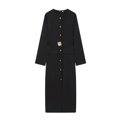 Elegant Long Sleeve Midi Dress Slim Fit Round Neck Gold Buttons Belted With Pockets Polyester Solid Black Women