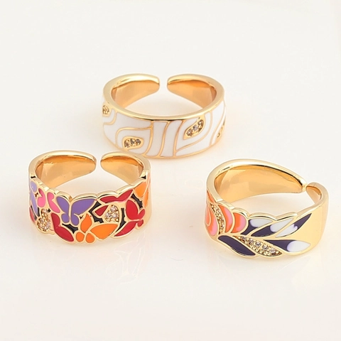 Adjustable Open Ring Gold Plated Copper Colorful Enamel Butterfly Feather Zircon Inlaid Vintage Fashion Jewelry For Women