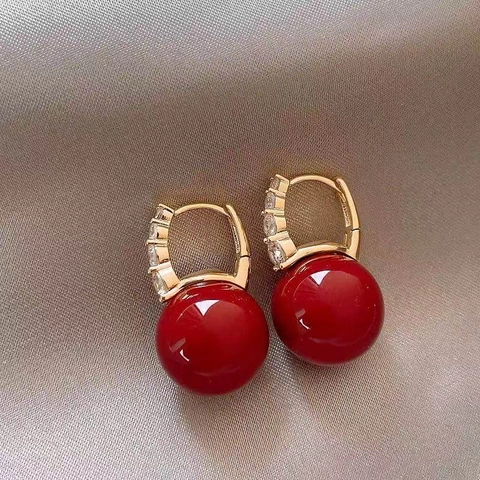 Vintage Rote Runde Kunstperlen Hängeohrringe Mit Zirkon Vergoldete Legierung Stahl Ohrstecker Für Damen