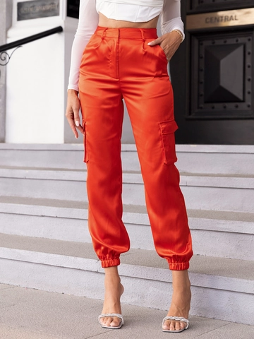 Pantaloni Cargo In Raso Da Donna Vita Alta Tasche Laterali Fondo Elasticizzato Streetwear Jogger Tinta Unita