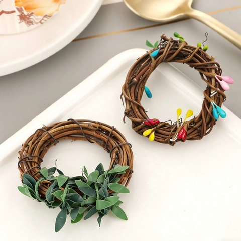 Handmade Woven Rattan Napkin Rings With Artificial Green Leaves Berries For Christmas Table Decor Rustic Farmhouse
