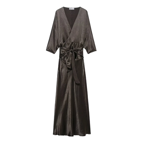 Elegant Satin Polyester Maxi Dress Deep V Neck Tie Waist Crinkled Texture Loose Half Sleeve Solid Color Women