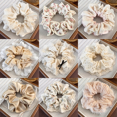 Chouchous Larges Pour Femmes Élastiques À Cheveux Avec Bordure En Dentelle Noeud Satin Tissu Polyester Côtelé Floral Vintage Printemps Été Accessoires Cheveux