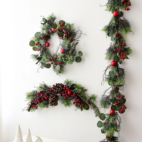 Artificial Christmas Garland Wreath Swag With Pine Needles Red Berries Natural Pinecones For Fireplace Wall Home Holiday Festive Decor