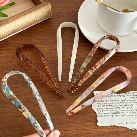 Acetaat U-Vormige Haarvork Marmerpatroon Schildpad Haarspeld Eenvoudig Elegant Chignon Tool Voor Vrouwen Franse Stijl