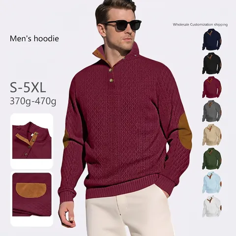 Herren Strickpullover Jacquard Textur Stehkragen Henley Ausschnitt Lässiger Outdoor Pullover Mit Kontrast Ellbogen Patches