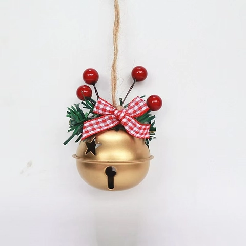 Christmas Hanging Bell Ornament Metal Iron With Red Berries Pine Needles Gingham Bow Twine Rope Tree Holiday Decoration