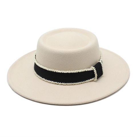 Flat Top Wide Brim Boater Hat For Women Elegant Retro Felt Fedora With Artificial Pearl Beaded Ribbon Trim