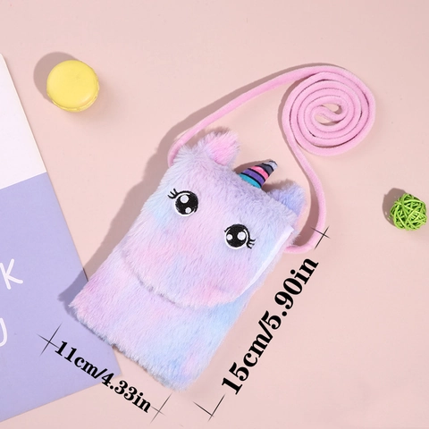 Bolso Bandolera de Unicornio de Peluche para Niños Color Macarrón Degradado Bordado de Dibujos Animados Bolso Pequeño
