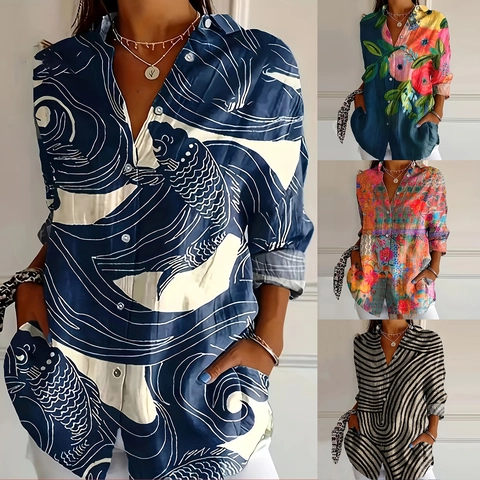 Women Long Sleeve Blouse Polyester Spandex Printed Button Down Shirt Loose Casual Holiday Lapel Top For Women