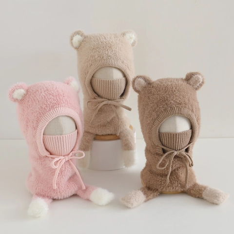 Passamontagna In Peluche Per Bambini Con Orecchie Da Orso Antivento Caldo Sciarpa Integrata Maschera Inverno All'aperto