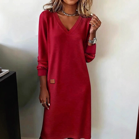 Dames Maxi Jurk V Hals Lange Mouwen Gebreid Effen Kleur Casual Herfst Mode Pullover