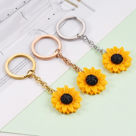Sonnenblume Schlüsselanhänger 304 Edelstahl Harz Blume Anhänger Poliertes Accessoire Für Frauen Mädchen