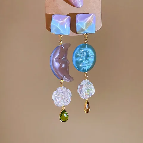 Asymmetrische Sonne Mond Gesicht Relief Hängeohrringe Mit 925 Sterling Silber Ohrstecker Harz Acryl Wassertropfen Schmuck