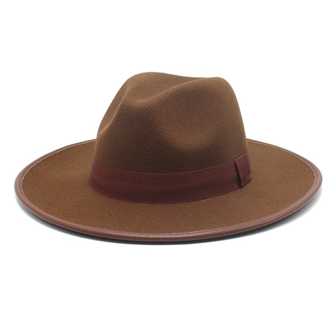 Wide Brim Fedora Hat Suede Felt Retro Jazz Style With Leather Edging Sun Shade For Men Women