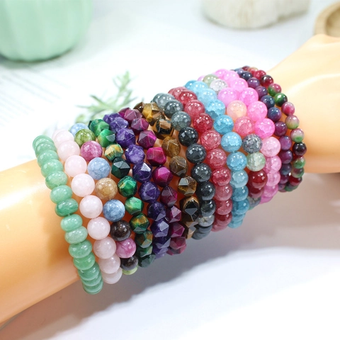 Handgemachtes Naturstein Perlenarmband Elastisch Rund Facettiert Achat Türkis Kristall Holz Heilung Schmuck